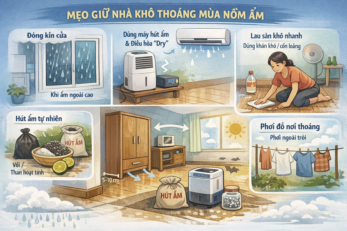 Mẹo gi&uacute;p nh&agrave; bớt nồm ẩm